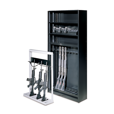 Weapons storage racks for shelving systems