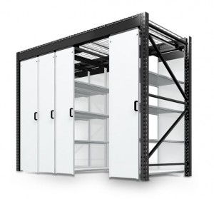 LEVPRO rail-less mobile storage shelving in back of house office location