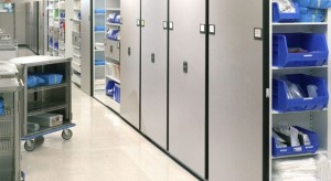 compact mobile shelving for sterile supply in medical facility