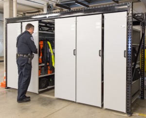 LEVPRO rail-less mobile shelving for police equipment