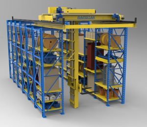 Industrial stacker crane for warehouse storage